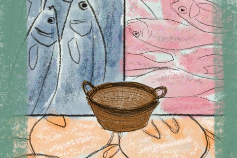 illustration of a basket, bread loaves, and fishes