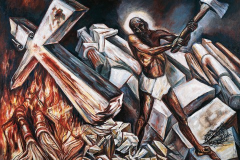 painting of Jesus chopping down cross with an ax