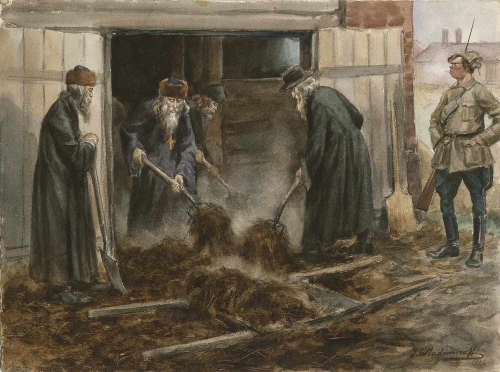 painting of Russian clergy on forced labor by Ivan Vladimirov, 1919