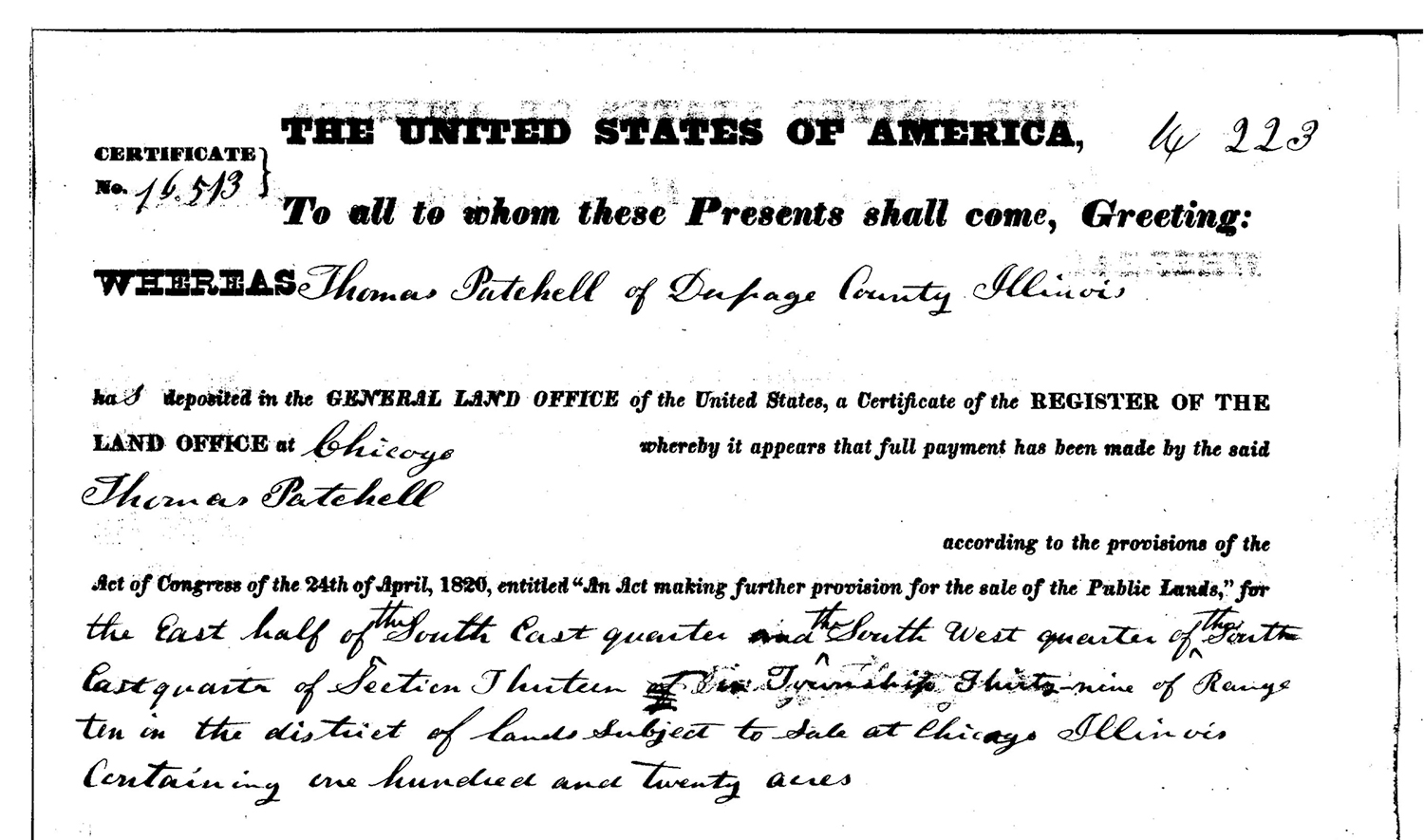 a US land patent awarding ownership of public land to Thomas Patchell