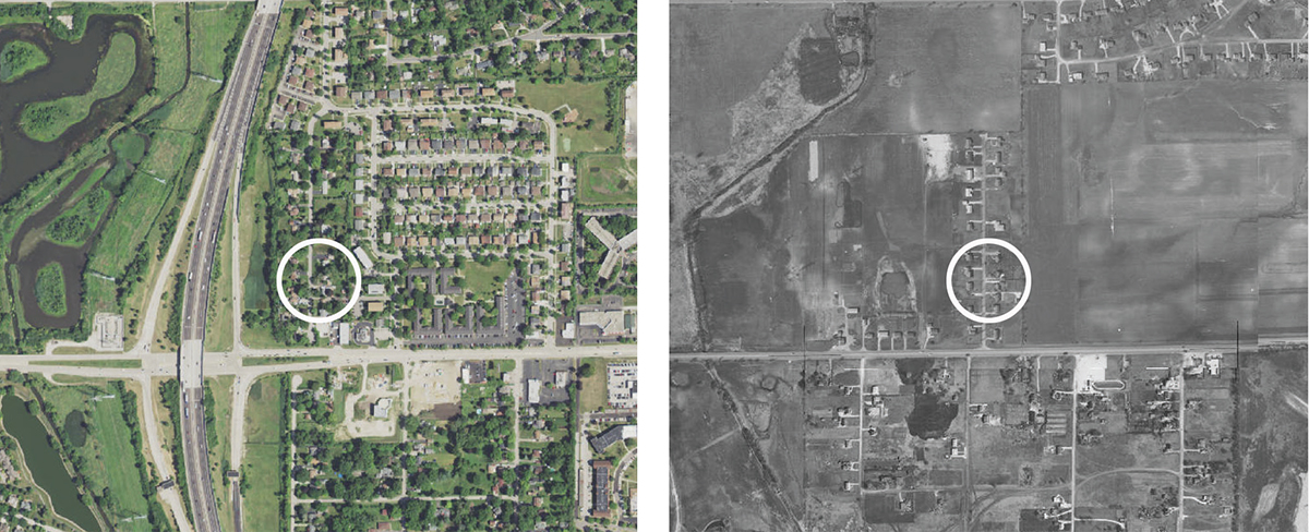 two aerial photos of a plot of land