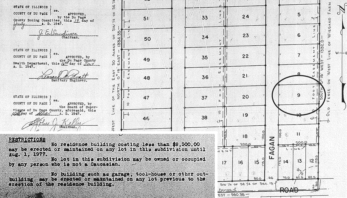 plat of subdivision for DuPage Gardens with author's lot circled and racial exclusion clause inset