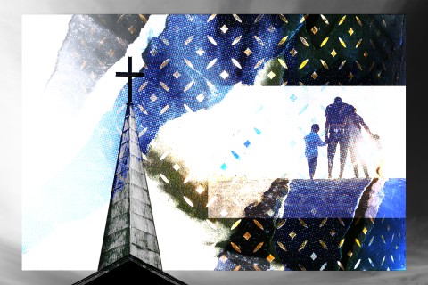 abstract of church steeple and family holding hands in blue