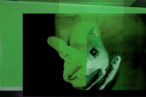 A collage of a person's hand throwing a pair of dice