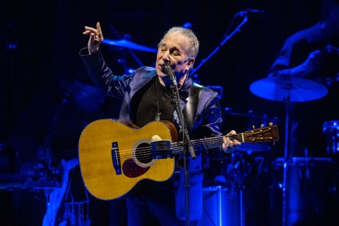 picture of Paul Simon playing guitar at a concert