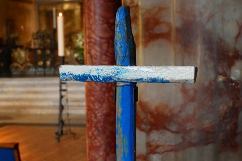 Blue Lampeduse Cross on an altar