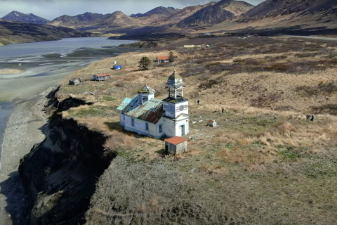 An aerial view of Ascension of Our Lord Orthodox Church in Karluk, Alaska, on Kodiak Island. 