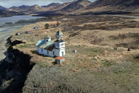 An aerial view of Ascension of Our Lord Orthodox Church in Karluk, Alaska, on Kodiak Island. 