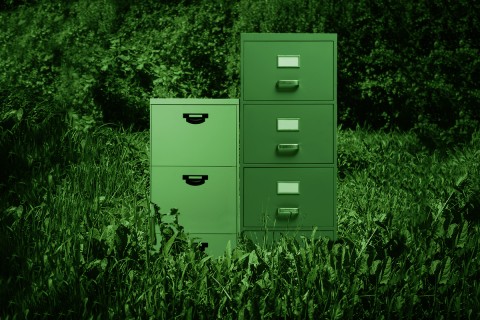 two green file cabinets in a green landscape