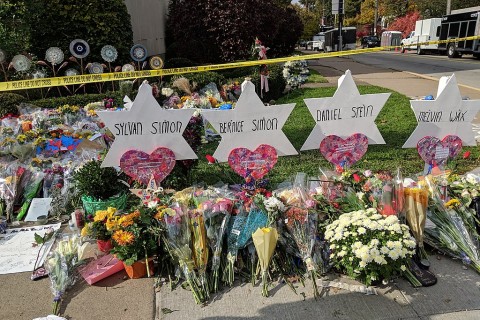 memorial at the Tree of Life synagogue after the shooting