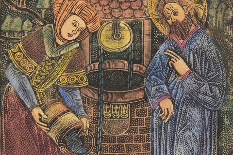 medieval painting of Jesus & Samaritan woman