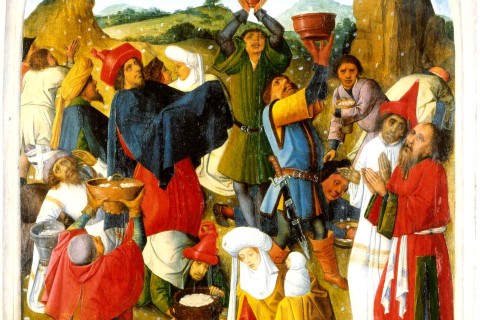 painting of people collecting manna