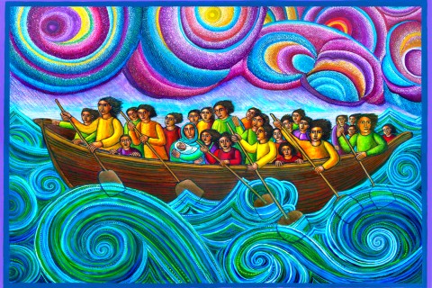 painting of people in a boat