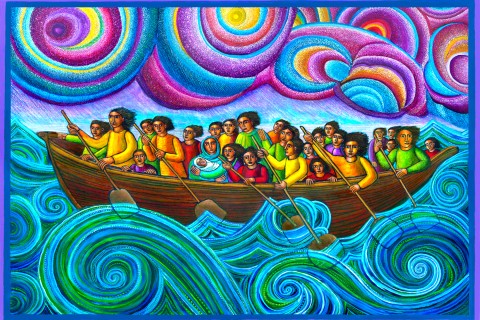 painting of people in a boat