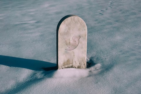 a headstone in a snowy graveyard features the iconic Twitter bird
