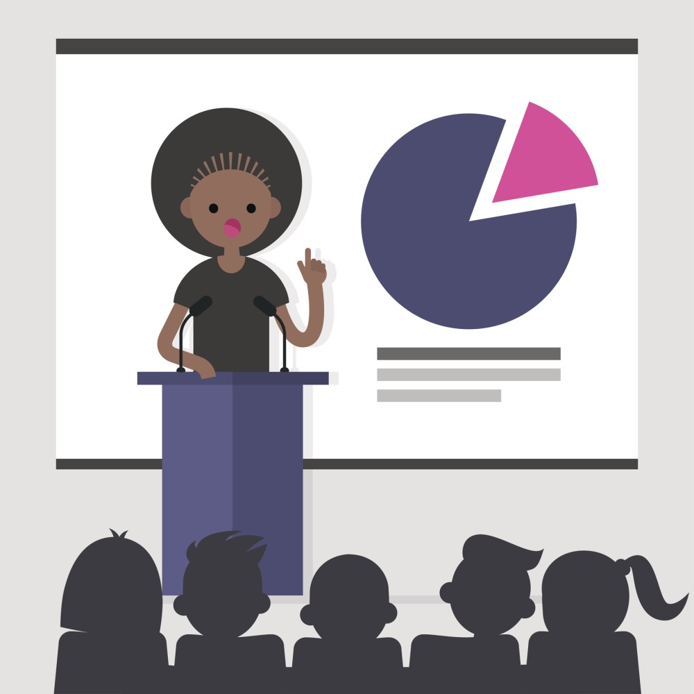 drawing of black woman at podium
