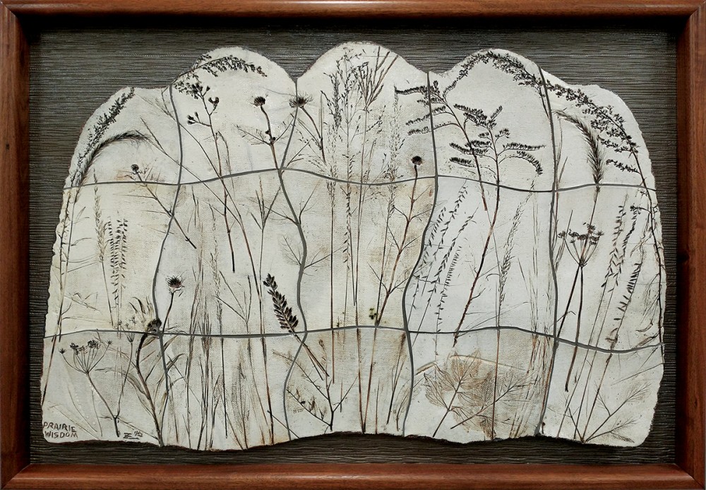 sculpture of impressions of plants from the tallgrass prairie 