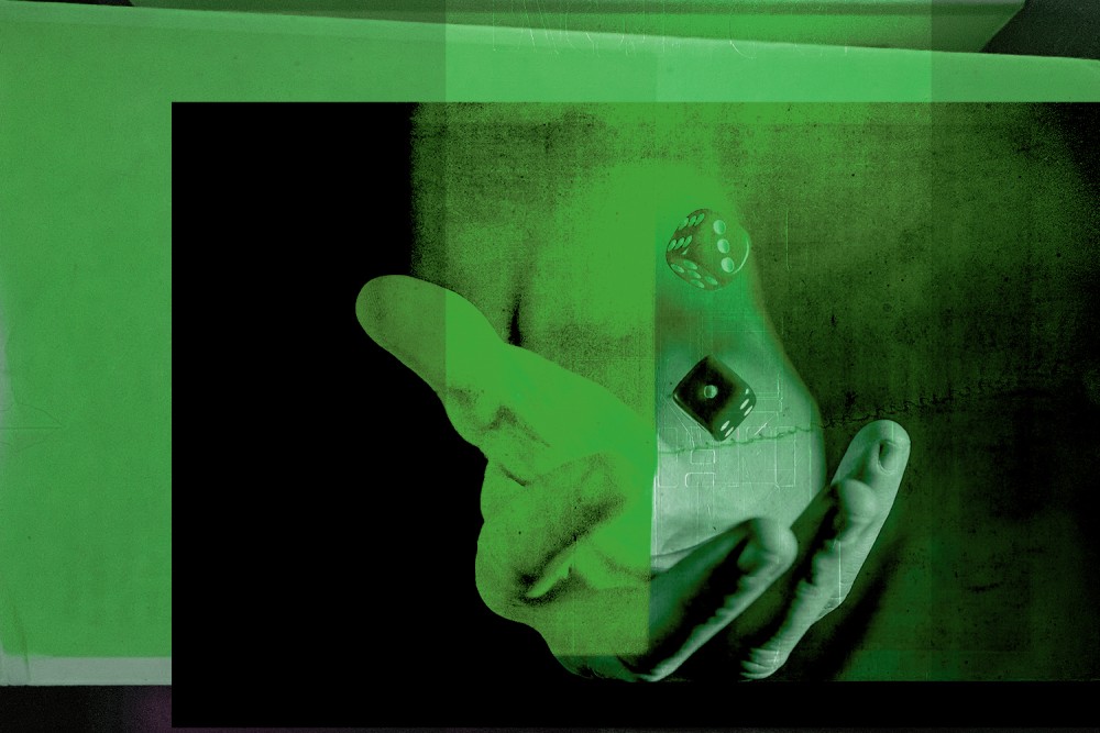 A collage of a person's hand throwing a pair of dice