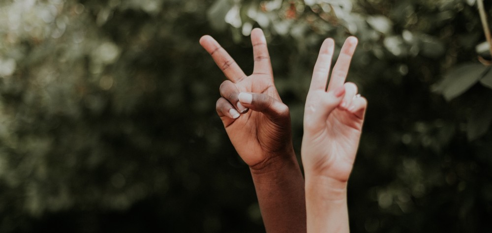 Two hands displaying peace signs