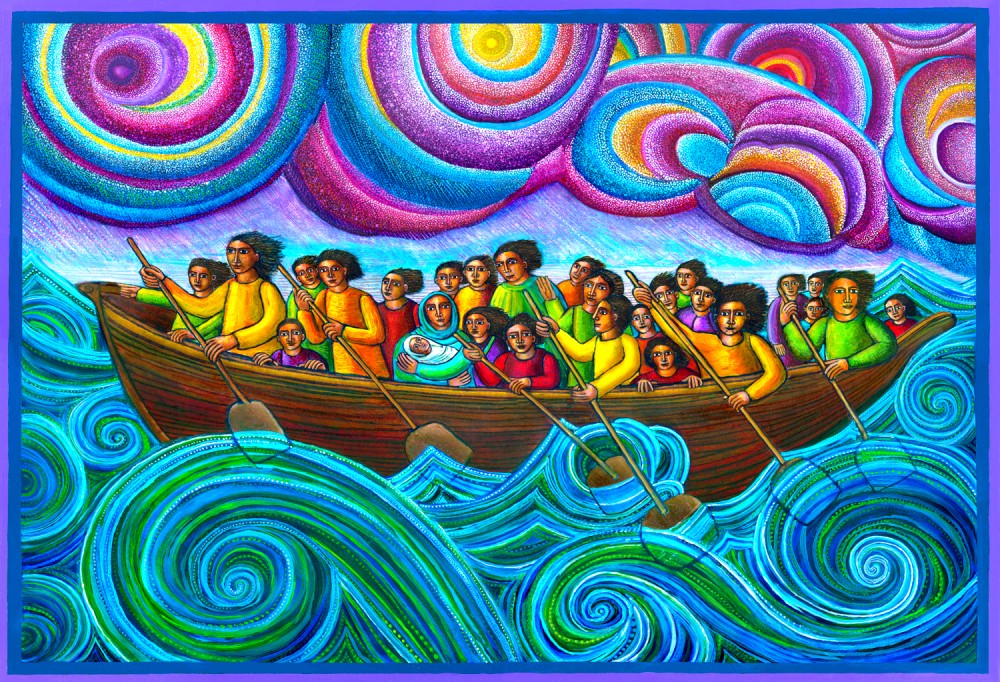 painting of people in a boat