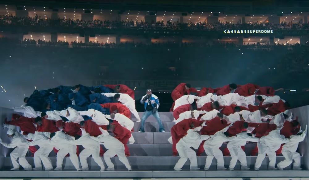 Kendrick Lamar and other perform in the 2025 Super Bowl halftime show.
