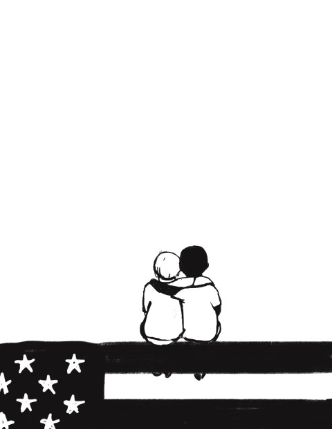 illustration of black & white children & flag