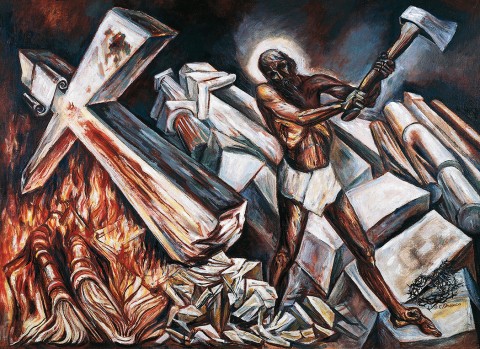 painting of Jesus chopping down cross with an ax