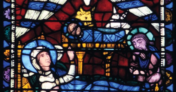 Chartres Nativity The Nativity, stained glass, Chartres Cathedral, France, 1194–1260 ...