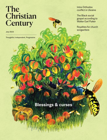 Illustration of peach tree and bees pollinating tree