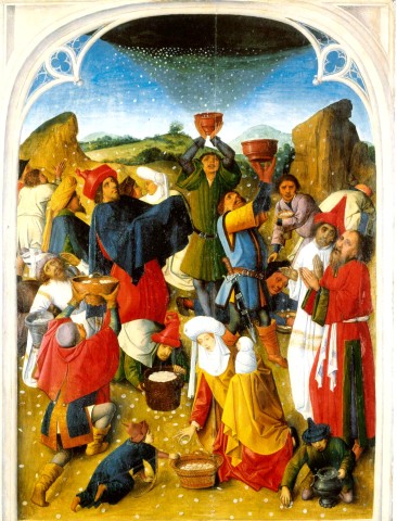 painting of people collecting manna