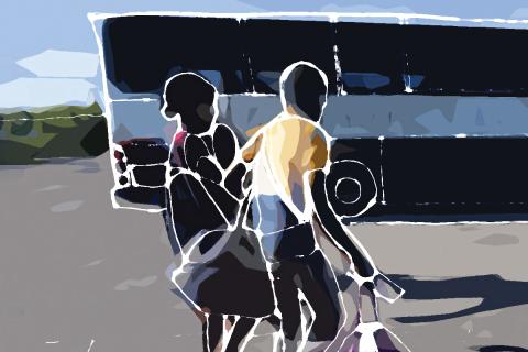 an artistic rendering of a migrant family boarding a bus