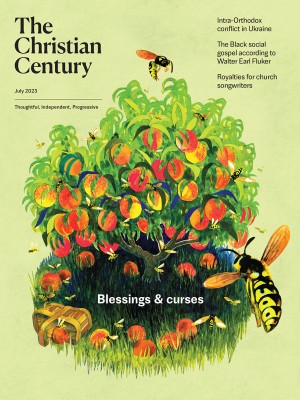 Illustration of peach tree and bees pollinating tree