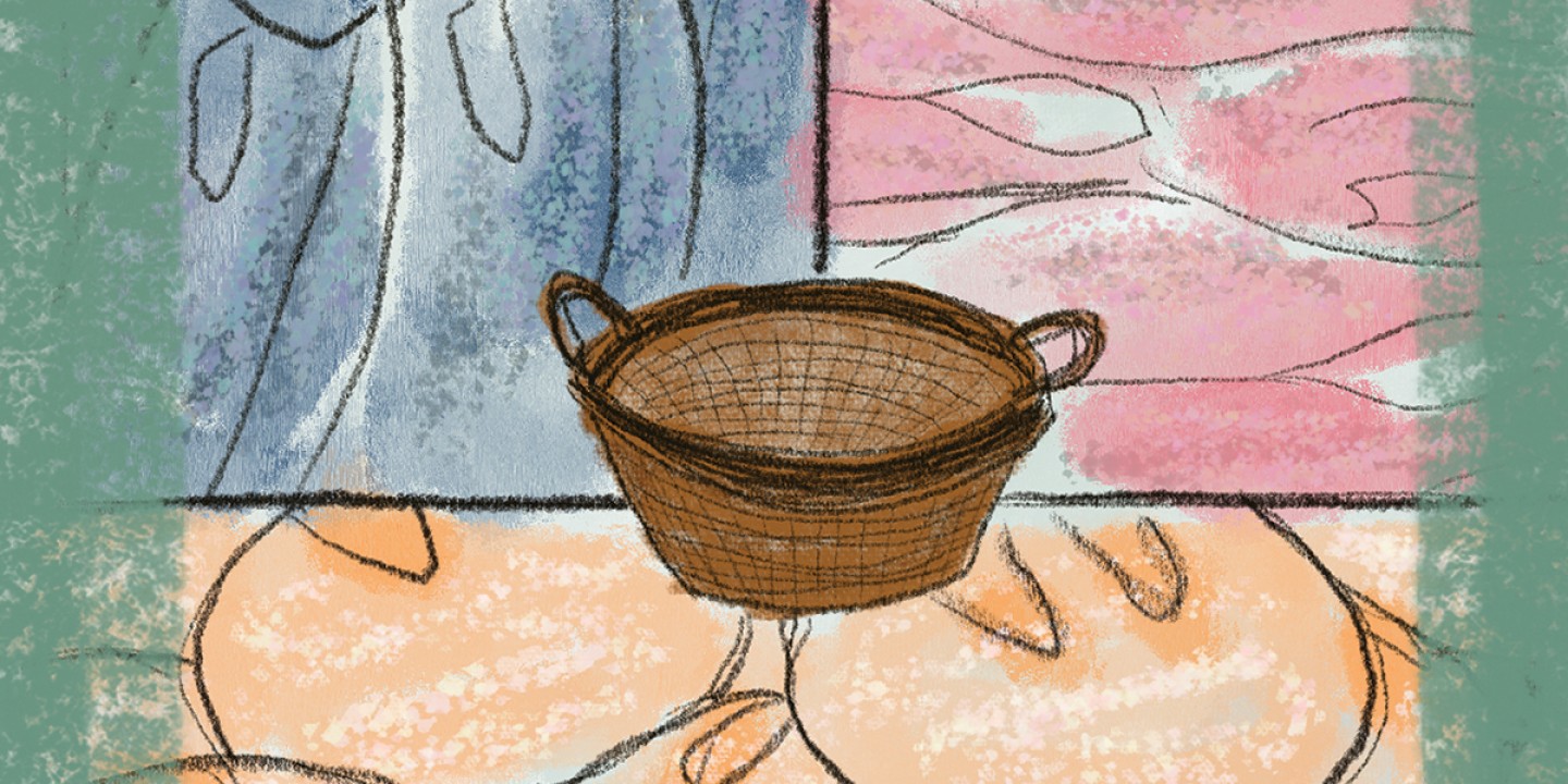 illustration of a basket, bread loaves, and fishes