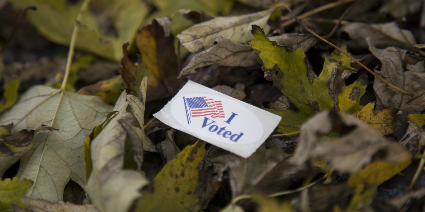 I Voted sticker lying on the ground on top of dead leaves