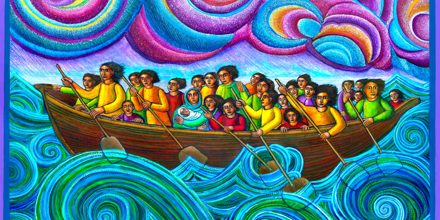 painting of people in a boat